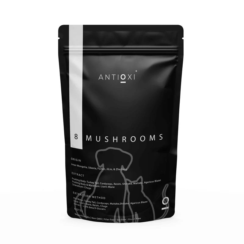 Antioxi® 8 Mushroom Blend til Kæledyr – Premium svampetilskud til hunde og katte