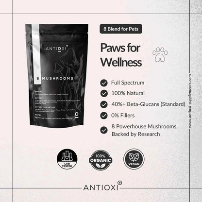 Antioxi® 8 Mushroom Blend til Kæledyr – Premium svampetilskud til hunde og katte